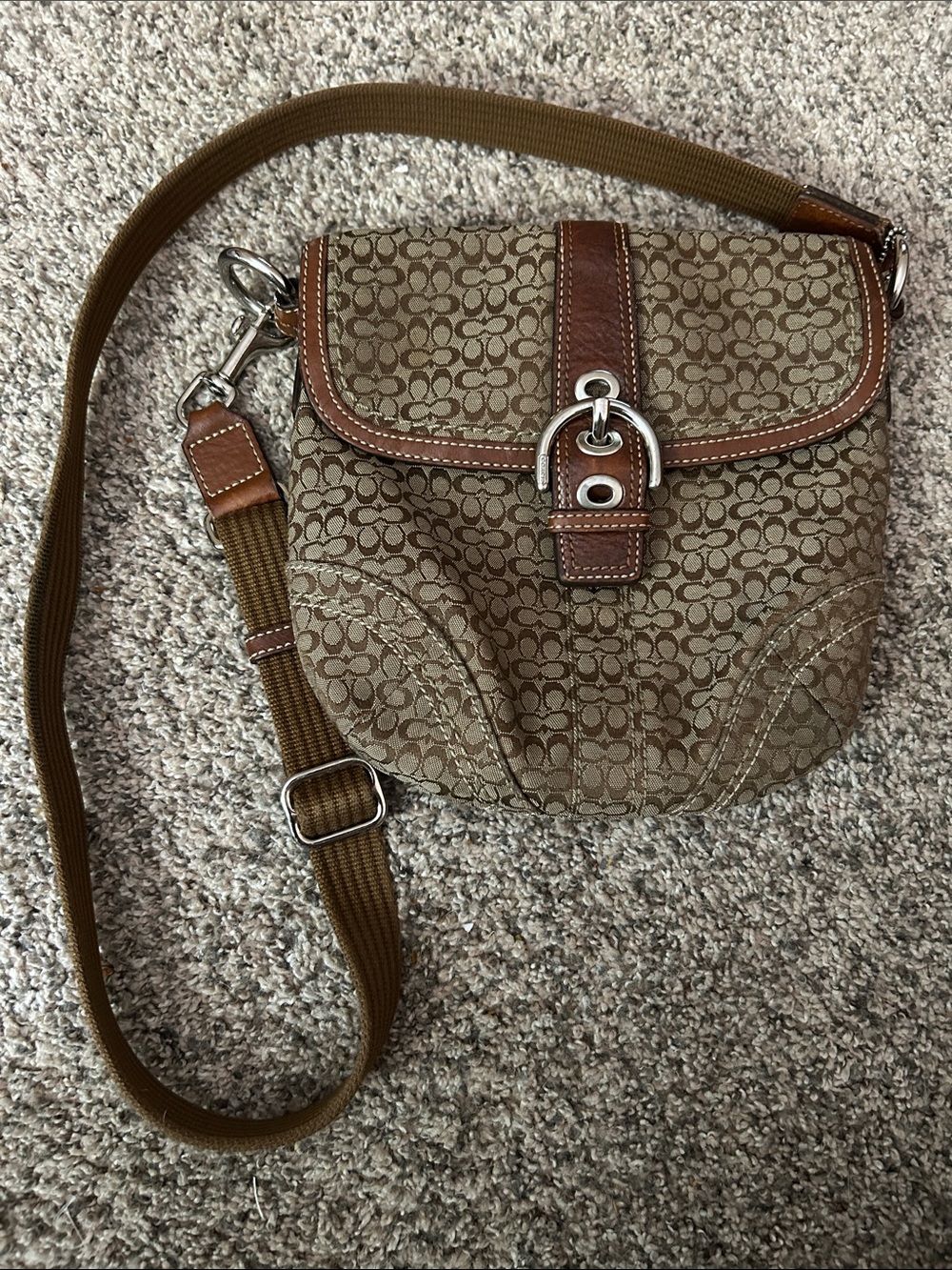 Y2K Coach Khaki Signature Canvas Crossbody with Brown Leather Trim‎